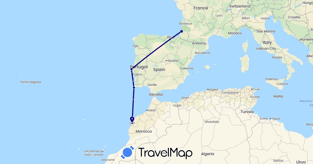 TravelMap itinerary: driving in France, Morocco, Portugal (Africa, Europe)